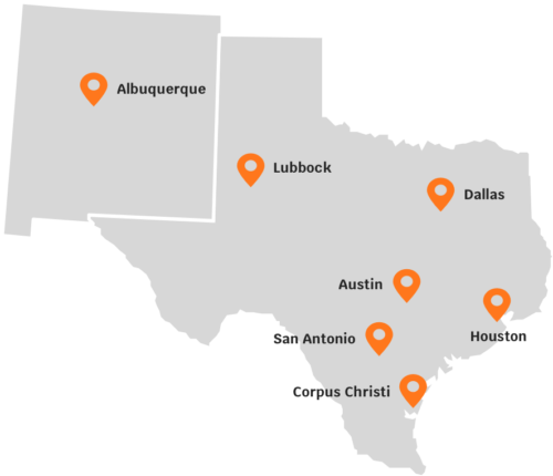 Our locations, Albuquerque, Lubbock, Dallas, Fort Worth, Austin, Houston, San Antonio, Corpus Christi